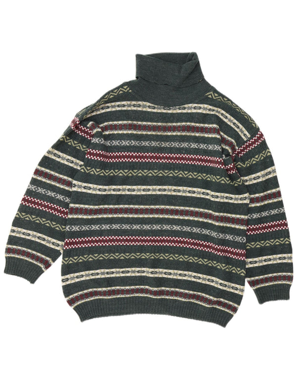 Maglione maglione vintage da uomo con collo alto, grande verde Fair Isle