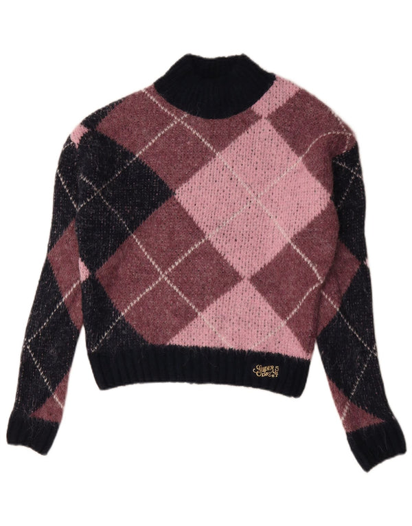 Maglione da donna a collo alto Superdry UK 10 Small Pink Argyle/Diamond