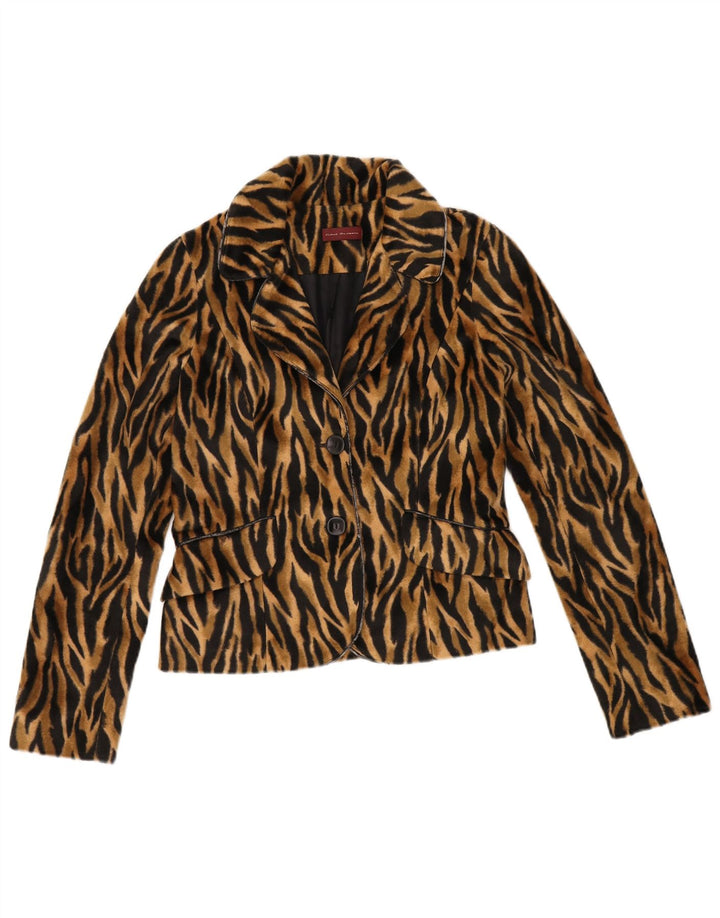 Giacca blazer da donna a 2 bottoni VINTAGE EU 36 piccola stampa animalier marrone