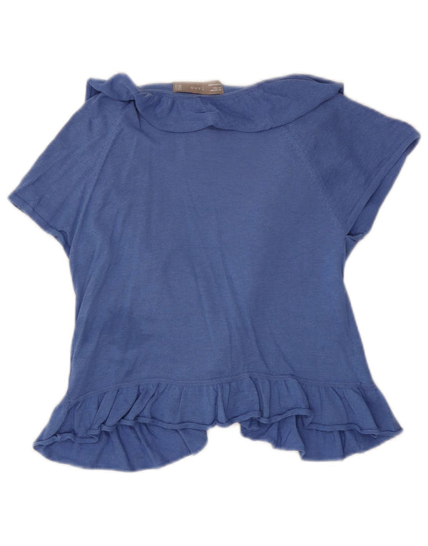 Top cardigan frontale con volant a maniche corte da donna Zara, cotone blu medio, UK 12