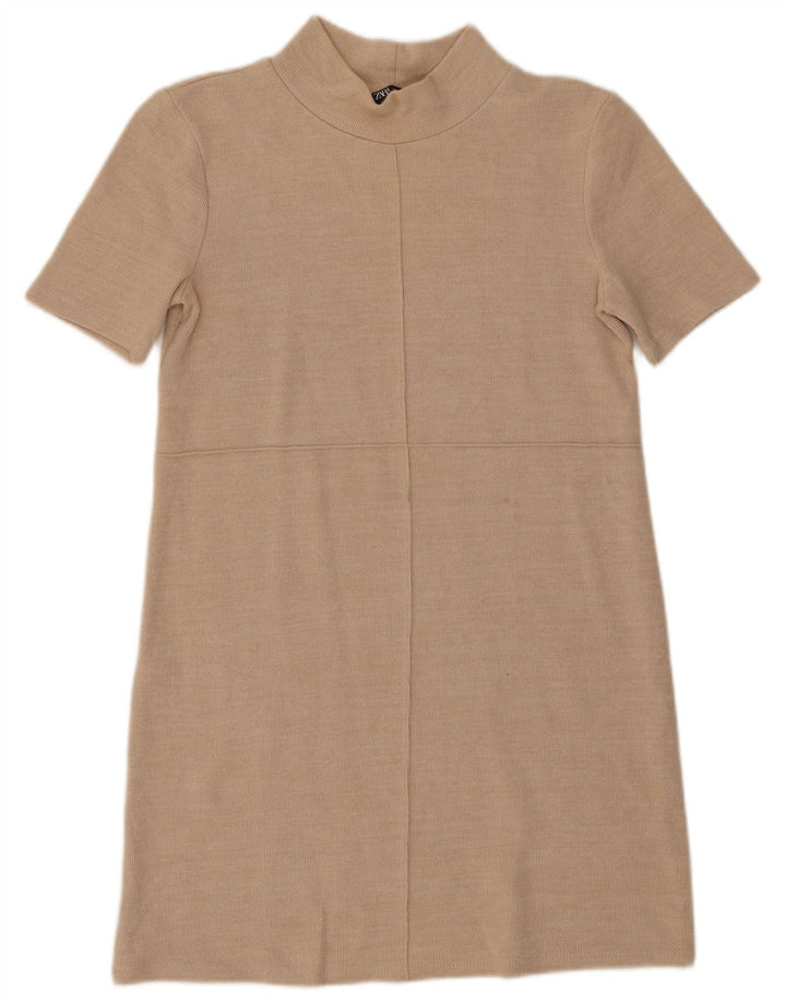 Abito a trapezio a maniche corte da donna Zara UK 10 piccolo Beige