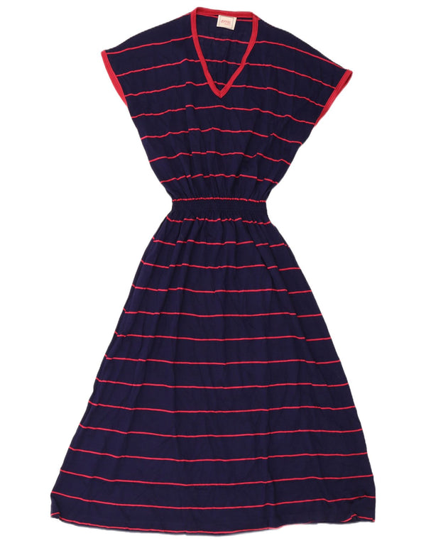 Abito lungo da donna vintage UK 12 acrilico a strisce blu navy medio
