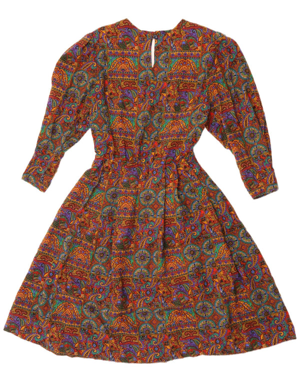 Abito a trapezio a maniche lunghe da donna vintage UK 12 Paisley medio multicolore