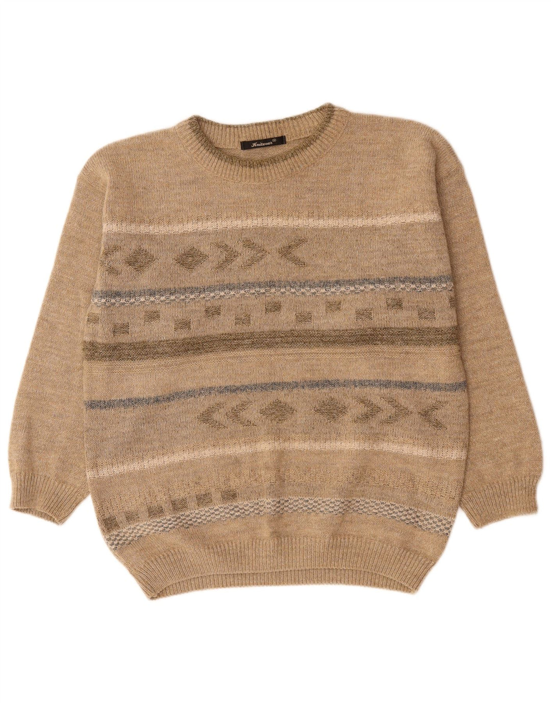 Maglione girocollo da uomo vintage in acrilico Fair Isle beige medio