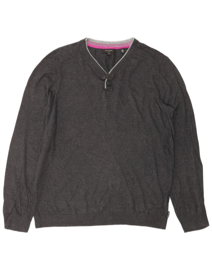 TED BAKER Maglione da uomo con scollo a V taglia 4 grande in cotone grigio