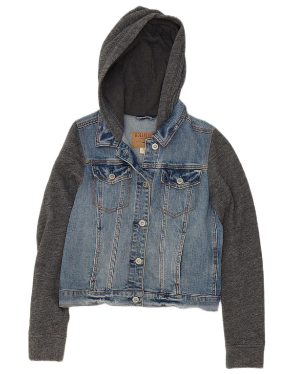 Giacca di jeans con cappuccio corta Hollister da donna UK 10 Small Blu Colourblock
