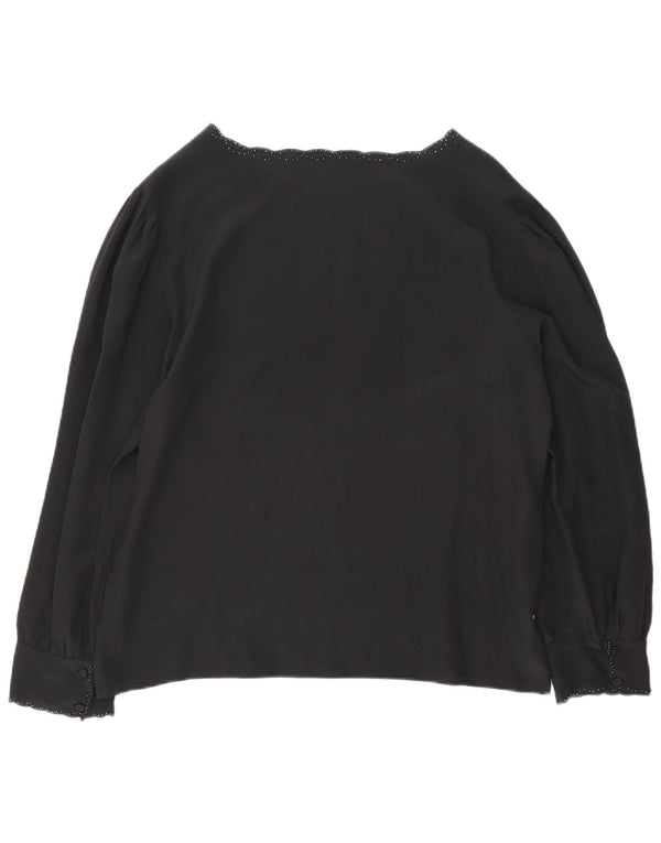 Top camicetta a maniche lunghe da donna vintage UK 14 grande nero