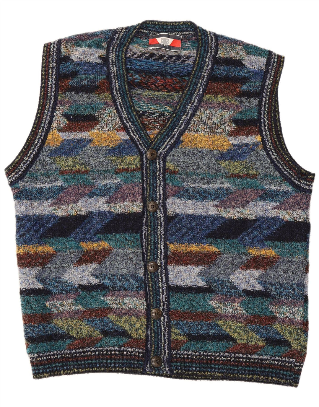 Maglione cardigan senza maniche vintage da uomo XL in lana geometrica multicolore