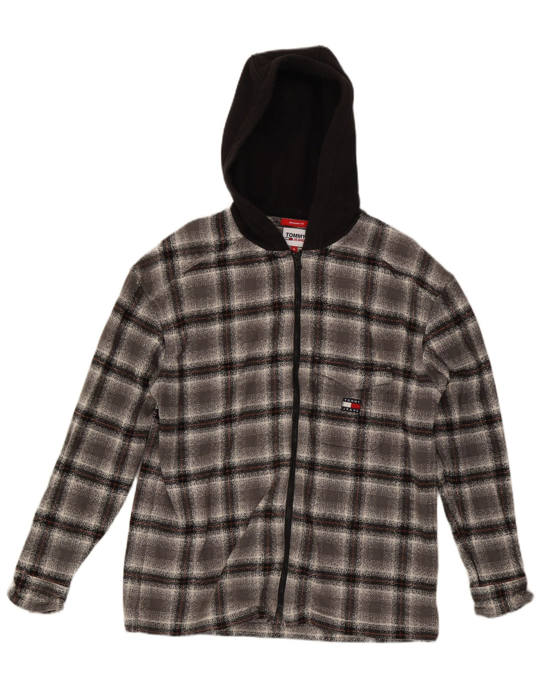 Tommy Hilfiger Mens Hooded Overshirt Flannel Shirt Medium Grey Check Cotton