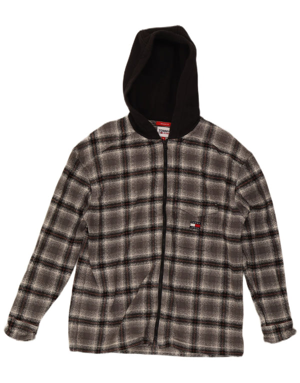 Tommy Hilfiger Mens Hooded Overshirt Flannel Shirt Medium Grey Check Cotton