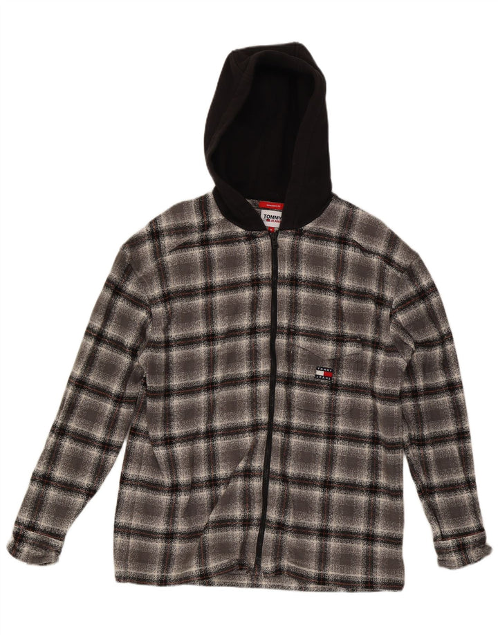 Tommy Hilfiger Mens Hooded Overshirt Flannel Shirt Medium Grey Check Cotton