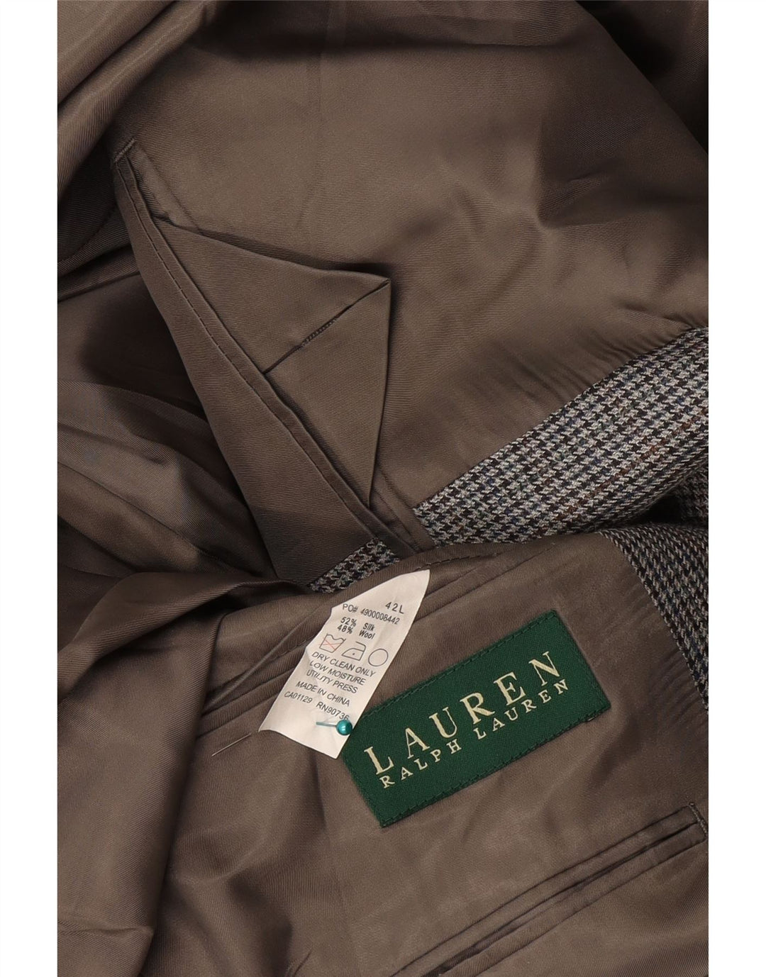 Giacca blazer a 2 bottoni da uomo Ralph Lauren UK 42 grande seta pied de poule grigia