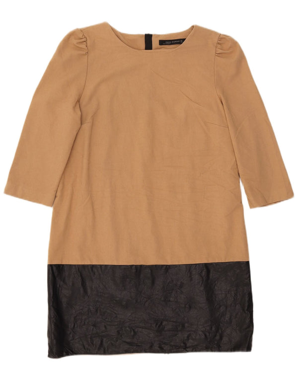 Abito a trapezio da donna Zara con maniche a 3/4 UK 14 Large Beige Colourblock Poliestere