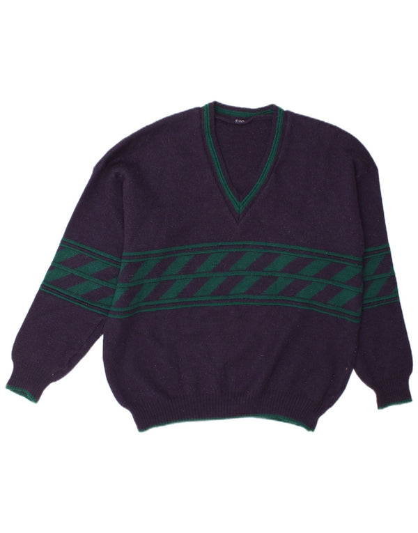 Maglione vintage da uomo con scollo a V, grande a righe blu navy