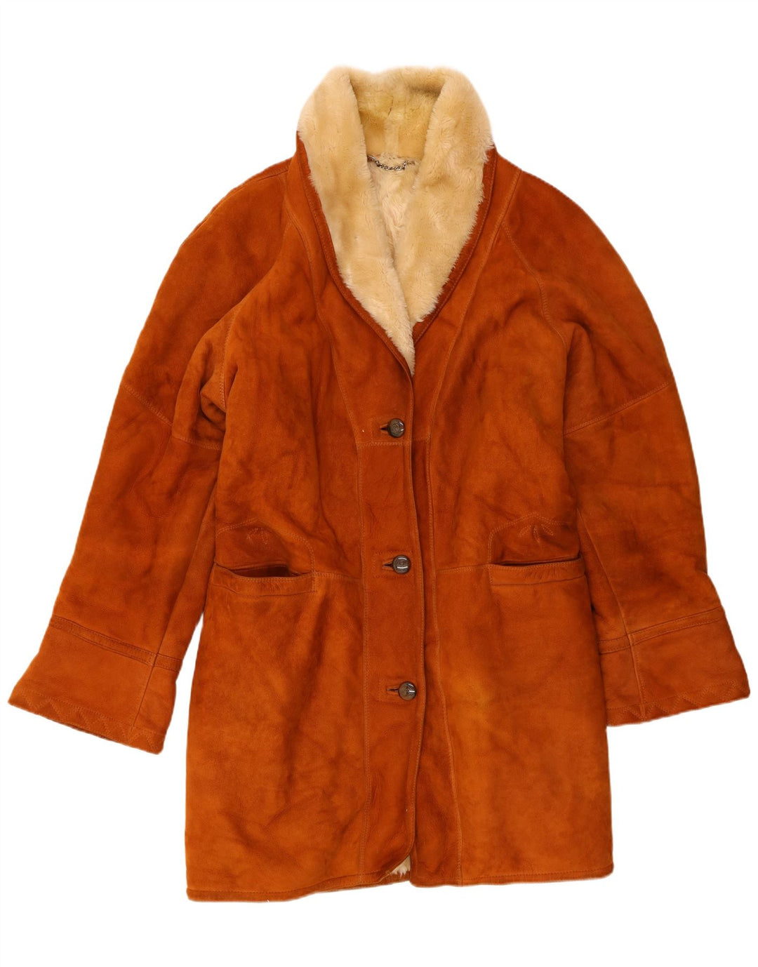 Cappotto in shearling vintage da donna dal taglio ampio IT 48 XL in pelle marrone