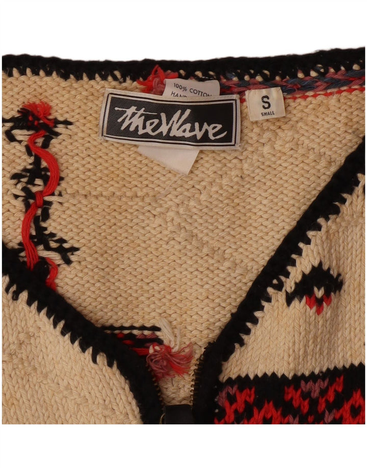 Maglione cardigan grafico da donna vintage UK 10 piccolo bohémien multicolore