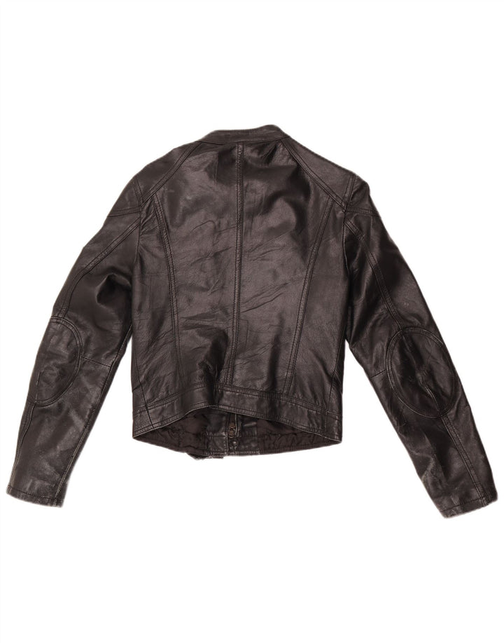 Giacca da motociclista in pelle corta da donna vintage UK 10 piccola pelle nera