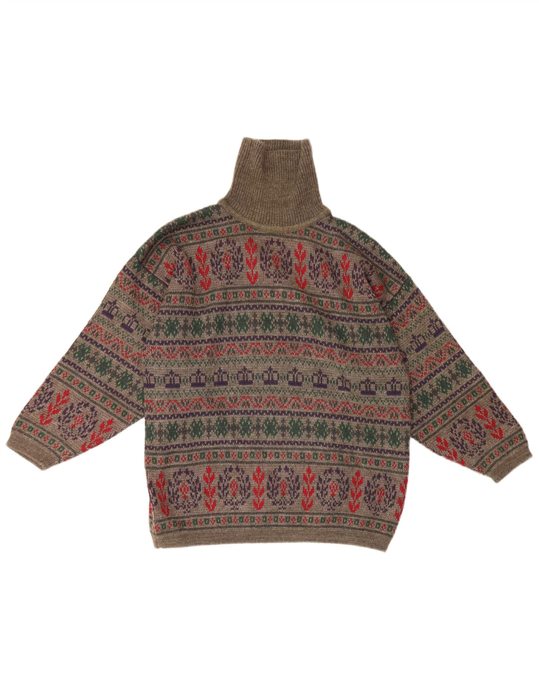 Maglione vintage da uomo con collo alto e maglione piccolo in lana Fair Isle grigia