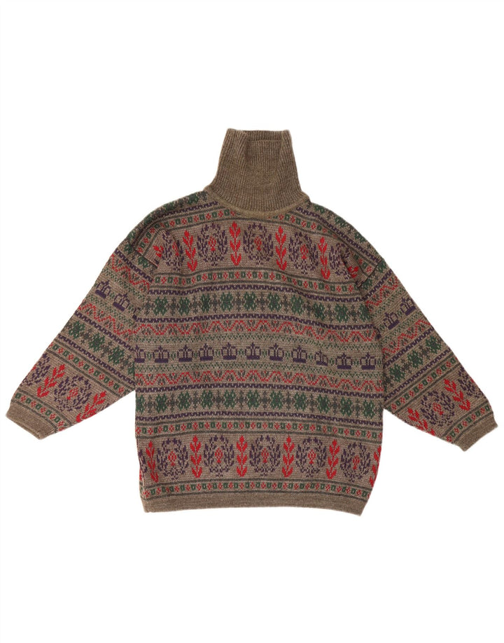 Maglione vintage da uomo con collo alto e maglione piccolo in lana Fair Isle grigia