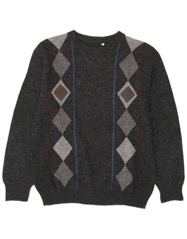 Maglione vintage da uomo girocollo IT 54 XL grigio a rombi/lana diamante