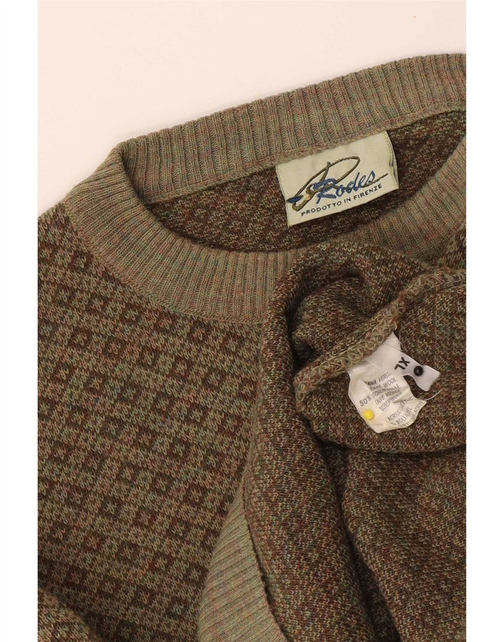 Maglione maglione girocollo da uomo Rodes XL lana geometrica kaki