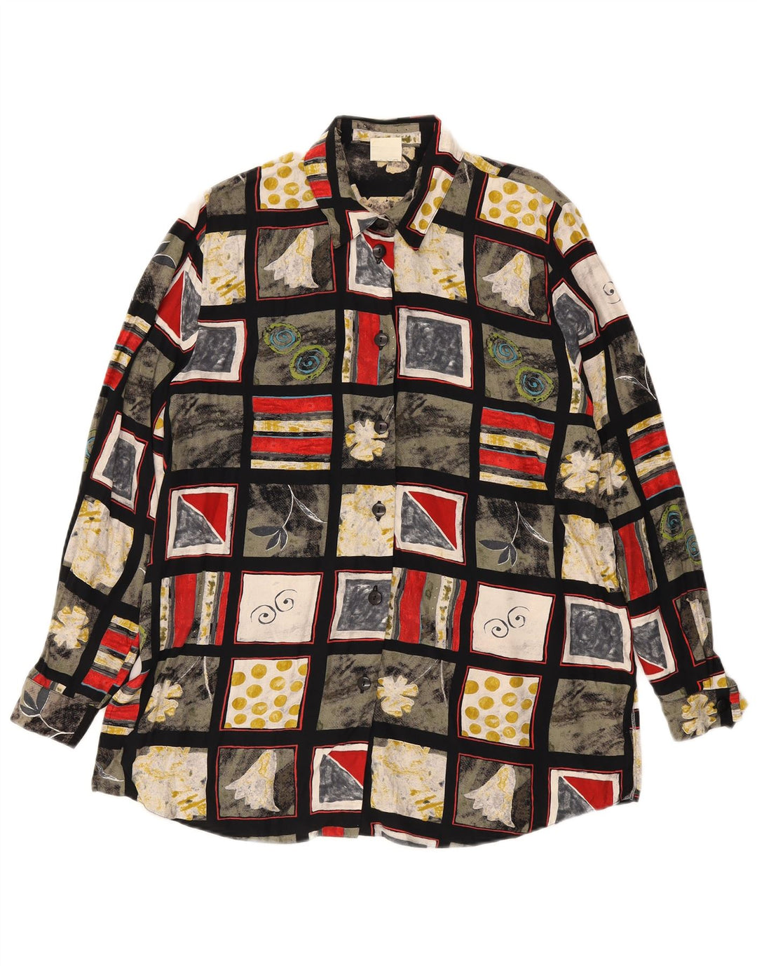Camicetta camicia vintage da donna UK 16 grande viscosa patchwork multicolore