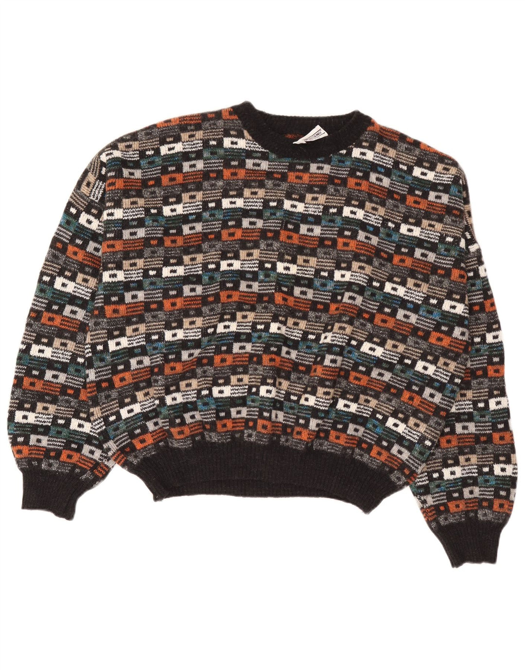 Maglione vintage da uomo girocollo IT 54 XL in lana geometrica multicolore