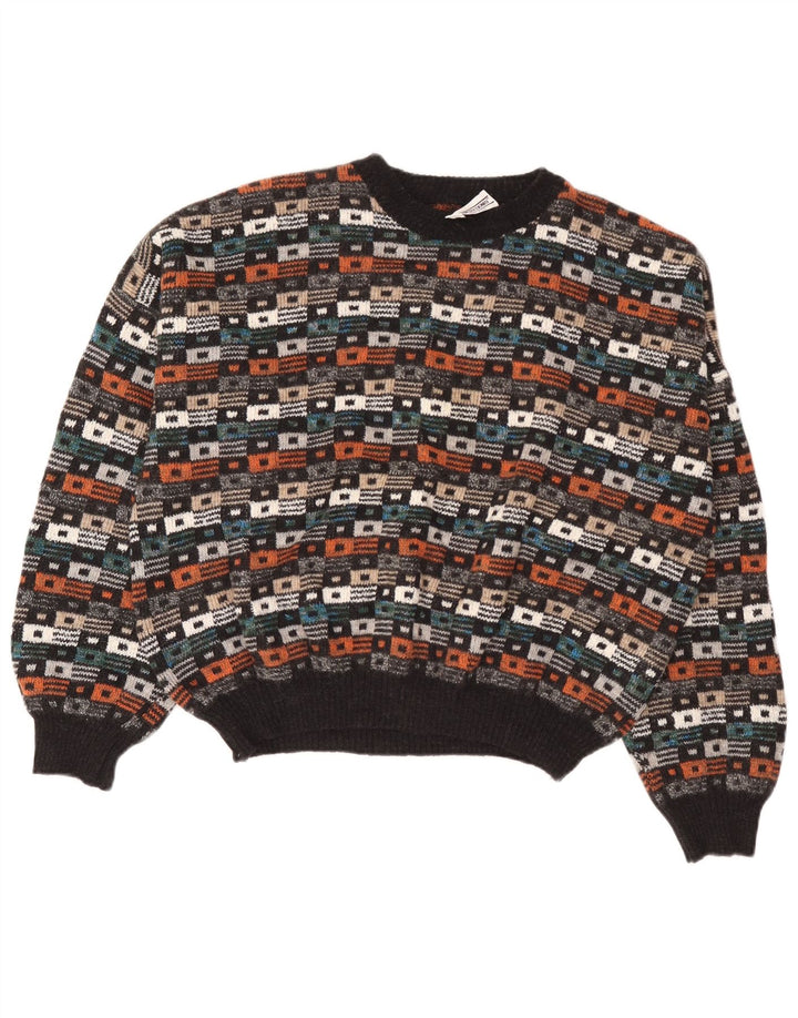 Maglione vintage da uomo girocollo IT 54 XL in lana geometrica multicolore
