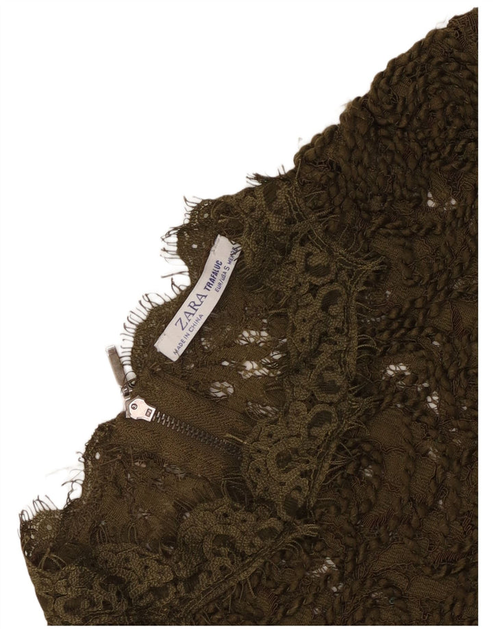Top Zara da donna in camicetta trasparente in pizzo UK 8 piccolo kaki