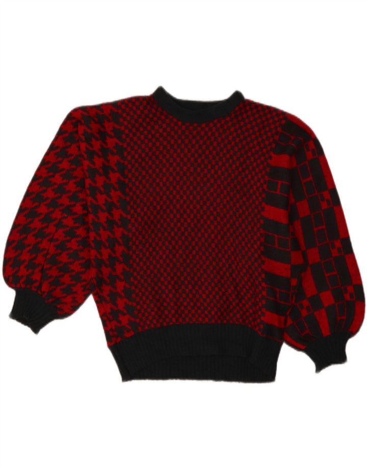 Maglione da donna vintage con scollo a barca UK 14 Grande acrilico patchwork rosso
