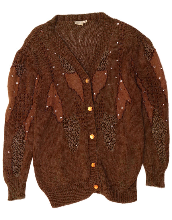Maglione cardigan con motivo astratto da donna vintage UK 14 Marrone medio