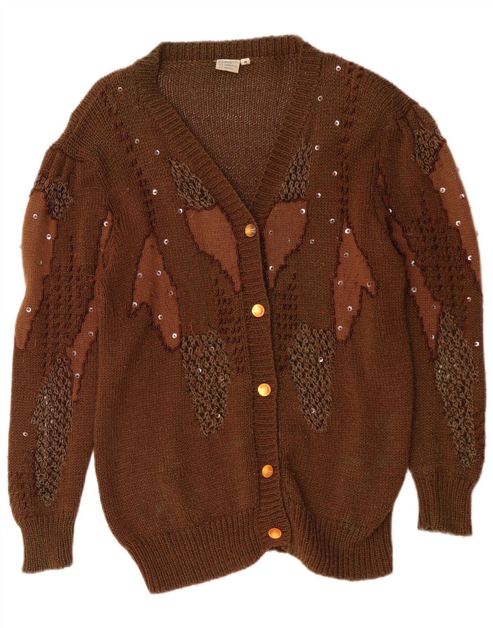 Maglione cardigan con motivo astratto da donna vintage UK 14 Marrone medio