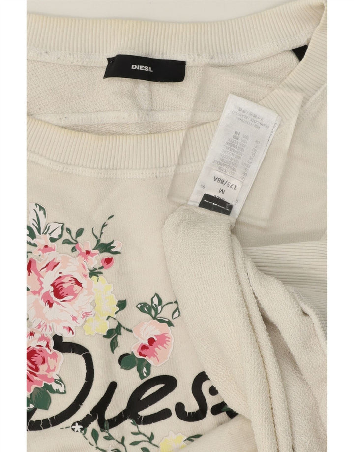 DIESEL Womens Graphic Sweatshirt Jumper UK 14 Medium White Floral Vintage Diesel and Second-Hand Diesel from Messina Hembry 