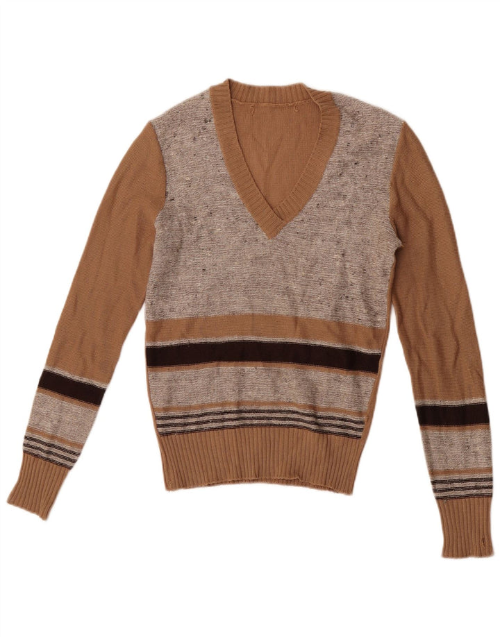 Maglione vintage da donna corto con scollo a V IT 44 a righe marrone medio