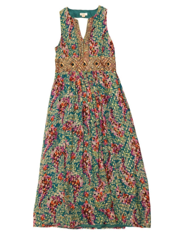 Abito lungo senza maniche da donna Monsoon UK 14 Grande seta floreale multicolore