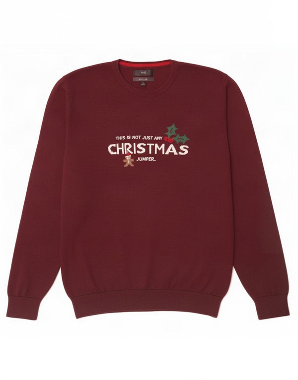 Maglione maglione girocollo da uomo Marks & Spencer grande bordeaux natalizio