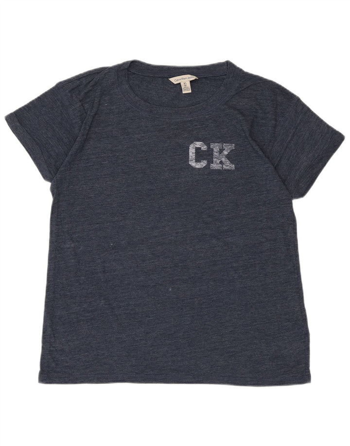 CALVIN KLEIN JEANS T-shirt grafica da donna Top UK 6 XS Blu navy chiazzato