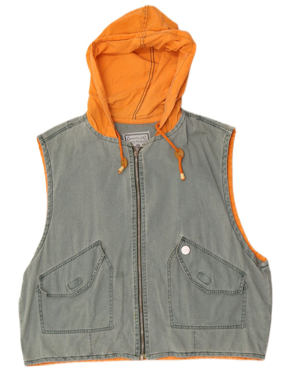 Gilet in denim grafico oversize da donna vintage UK 16 Large Grey Colourblock