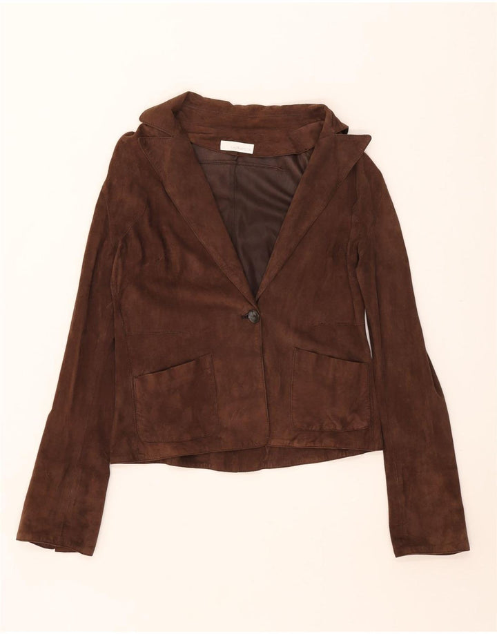 Latramoda Giacca Blazer da Donna in Pelle Scamosciata a 1 Bottone IT 46 Large in Pelle Marrone