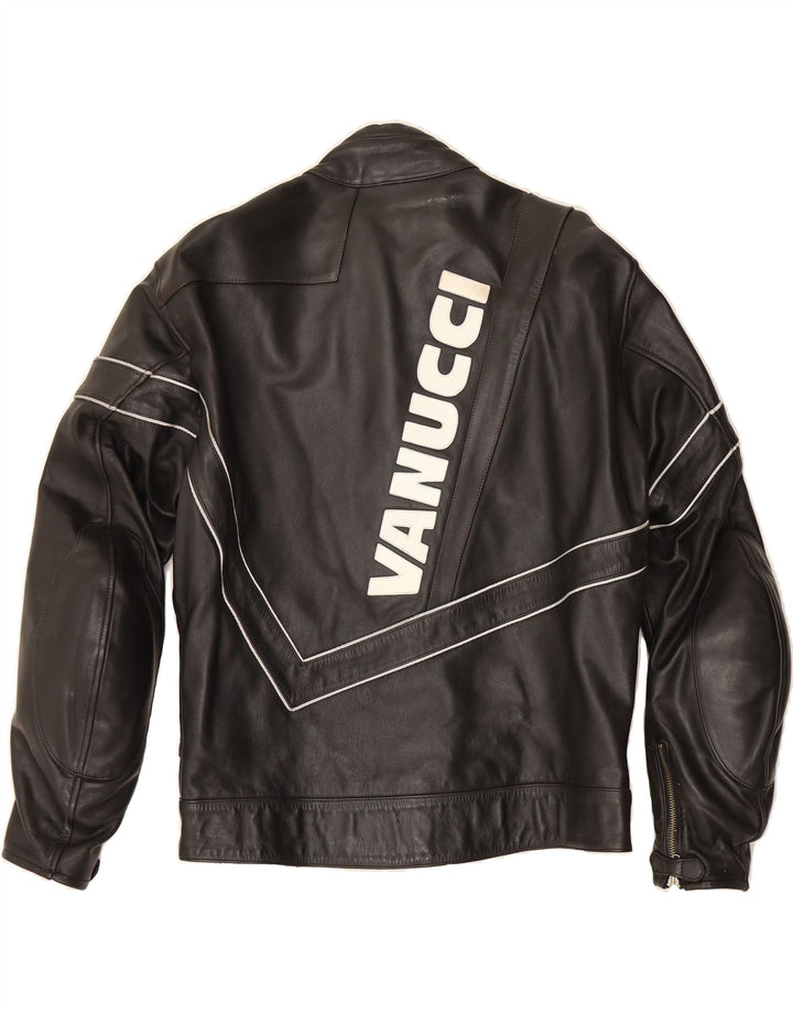 VANUCCI Mens Leather Graphic Racer Jacket IT 54 2XL Black Leather Vintage Vanucci and Second-Hand Vanucci from Messina Hembry 