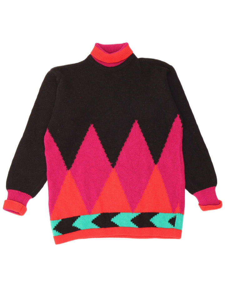 Maglione maglione vintage da donna con collo alto UK 12 medio nero a rombi/diamante