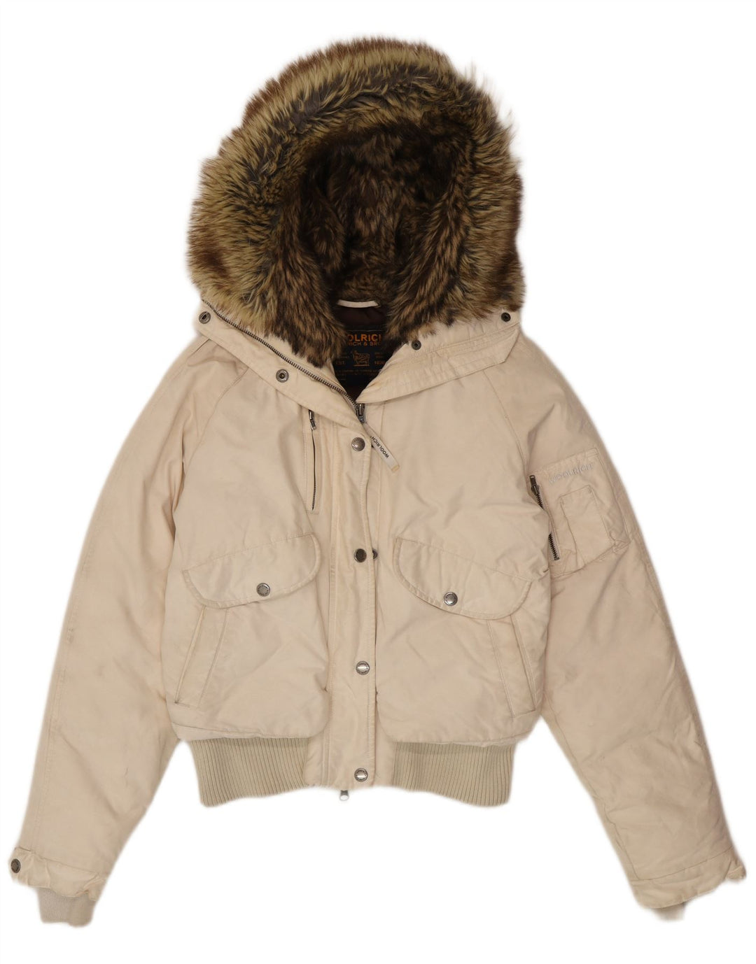 Giacca imbottita con cappuccio da donna Woolrich UK 14 cotone bianco medio