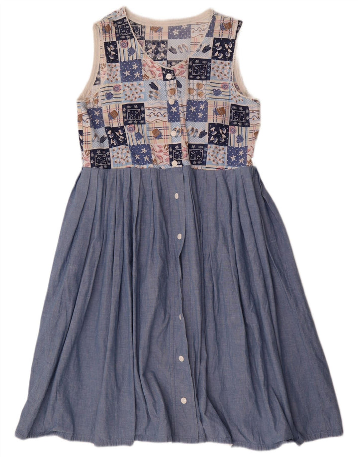 Abito vintage da donna senza maniche a trapezio UK 12 Patchwork blu medio
