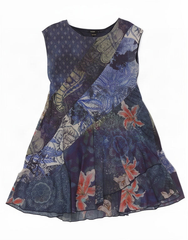 Desigual donna abito a trapezio senza maniche trasparente UK 18 XL blu floreale