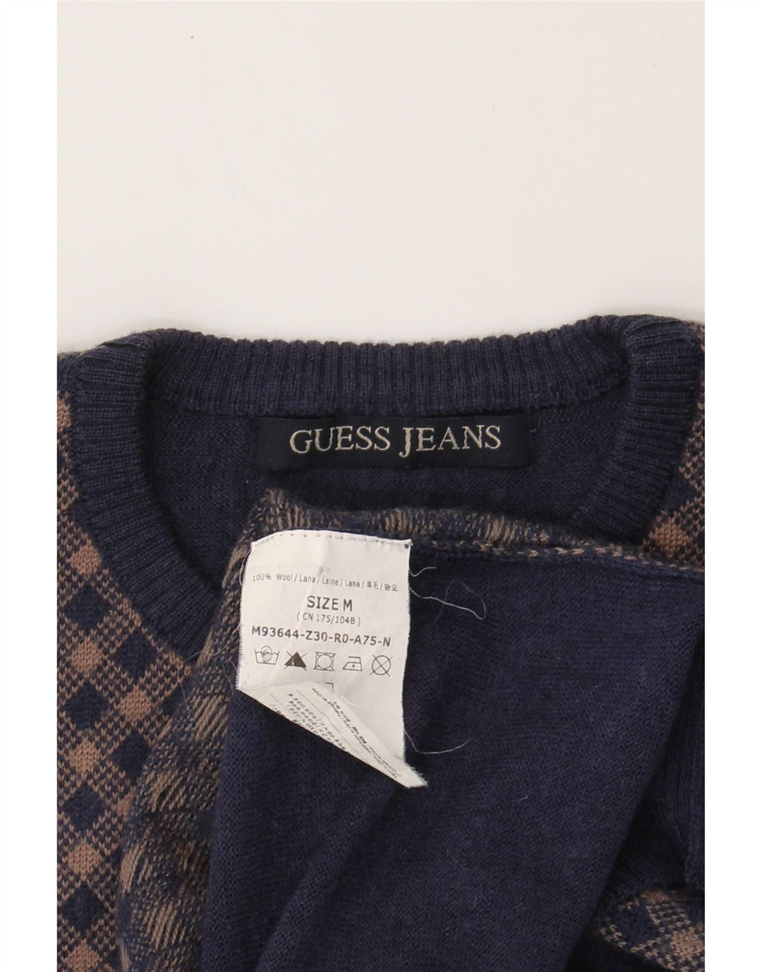 GUESS Mens Crew Neck Jumper Sweater Medium Navy Blue Argyle/Diamond Wool Vintage Guess and Second-Hand Guess from Messina Hembry 