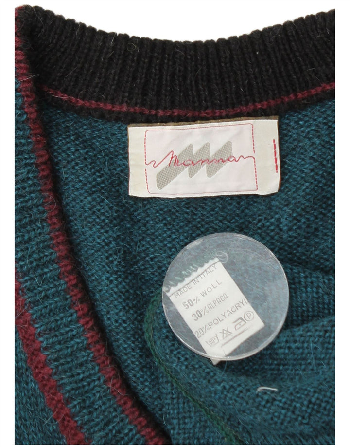 Maglione vintage da uomo con scollo a V, grande, in lana color block blu