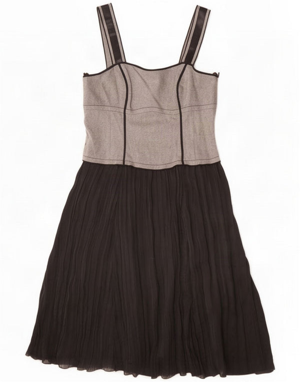 Abito sottoveste vintage da donna UK 16 grande nero in viscosa color block