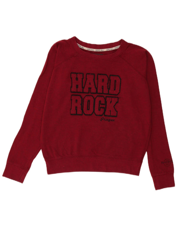 Felpa grafica da donna Hard Rock Cafe Praga, maglione UK 16 grande bordeaux