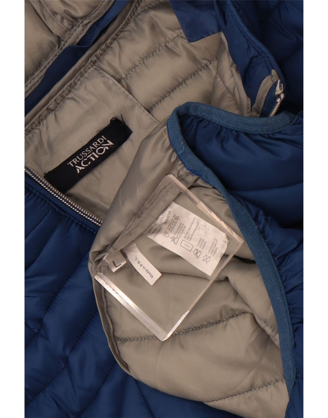 Giacca imbottita con cappuccio da uomo Trussardi UK 40 Large in nylon blu