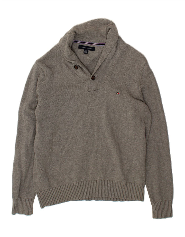 TOMMY HILFIGER Mens Shawl Neck Jumper Sweater Large Grey Cotton Vintage Tommy Hilfiger and Second-Hand Tommy Hilfiger from Messina Hembry 